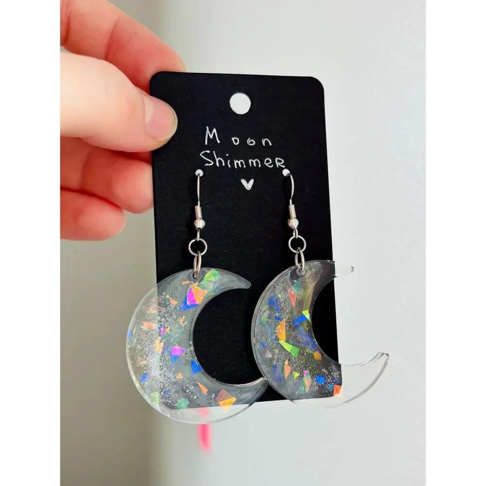 Rainbow Crescent Moon Earrings, Clear Resin Celestial Dangles with Glitter